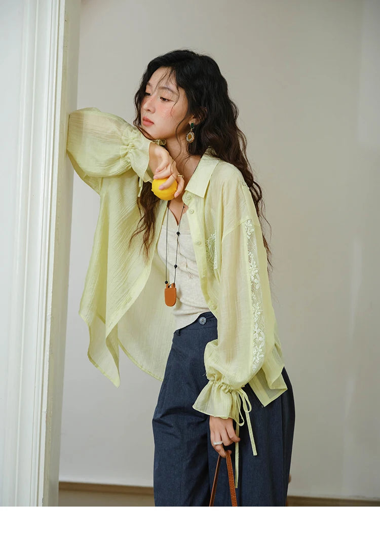 MISHOW Women's Patchwork Lace Shirt Lapel Drop Sleeve Drawstring Cuffs MXE31C0789