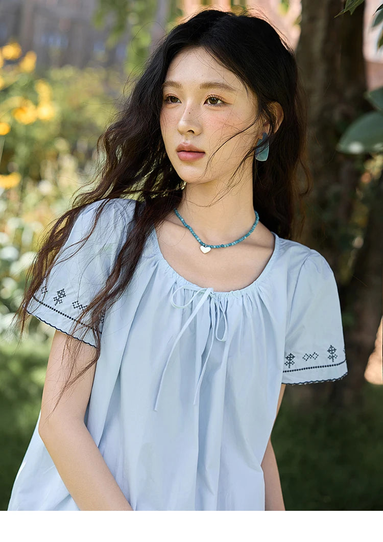MISHOW Cotton Blouse Round Neck Lace Up Puff Sleeve MXE39X1966