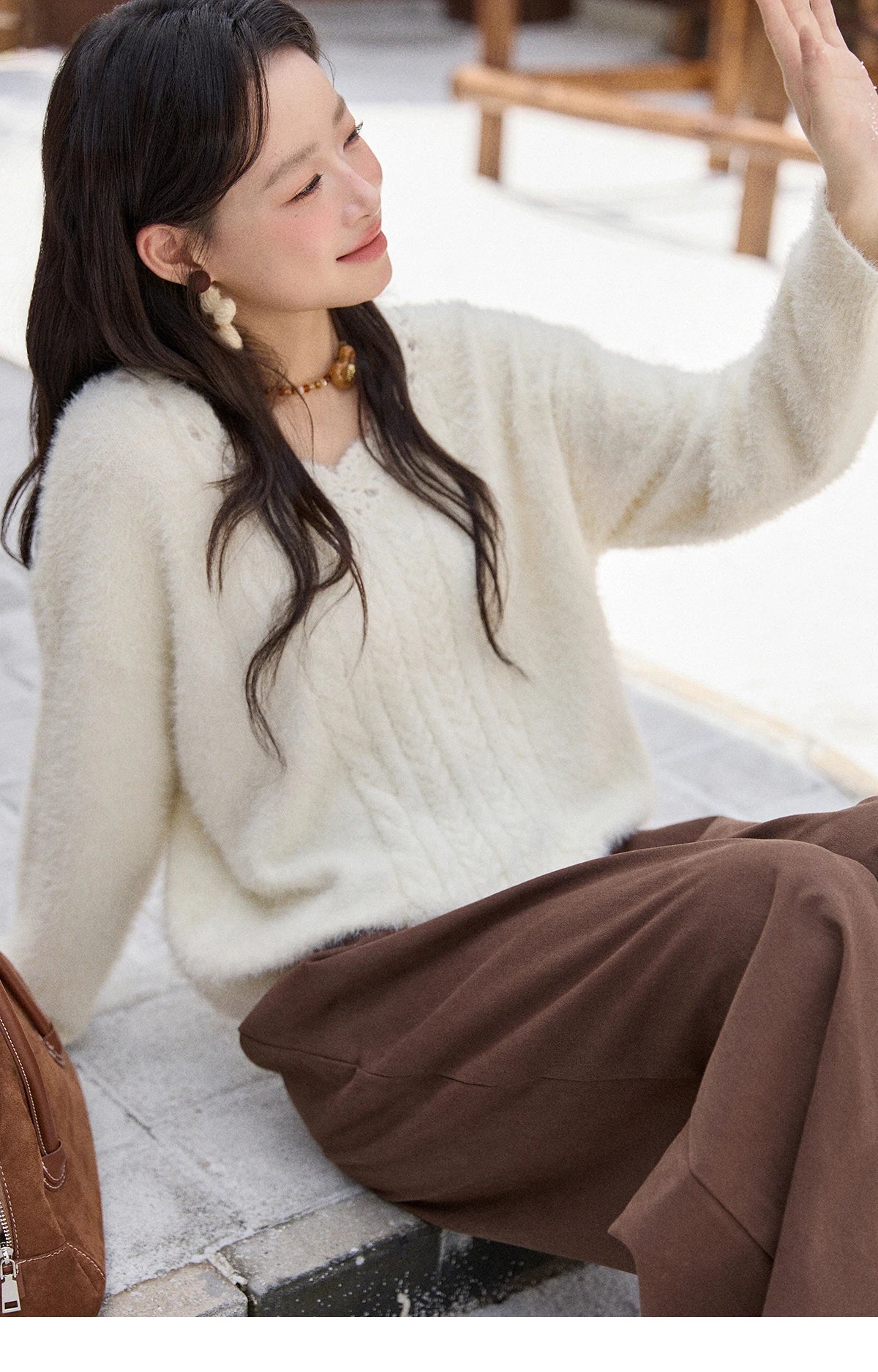 Mishow Apricot Soft V-Neck Cable Knit Pullover MXE51Z2594