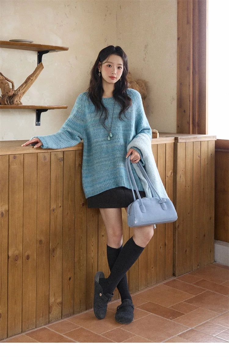 Mishow Blue Loose Crew Neck Long Sleeve Pullover MXE86Z2733