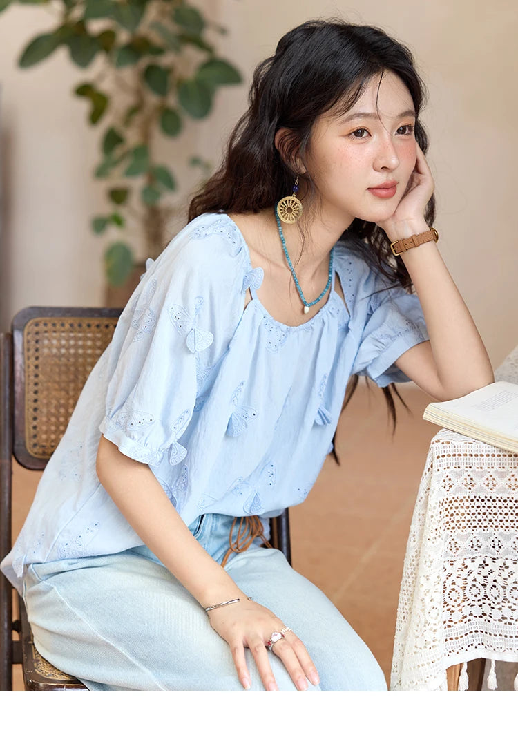 MISHOW Butterfly Embroidery Blouse Hollow Out O-Neck MXE36X1878