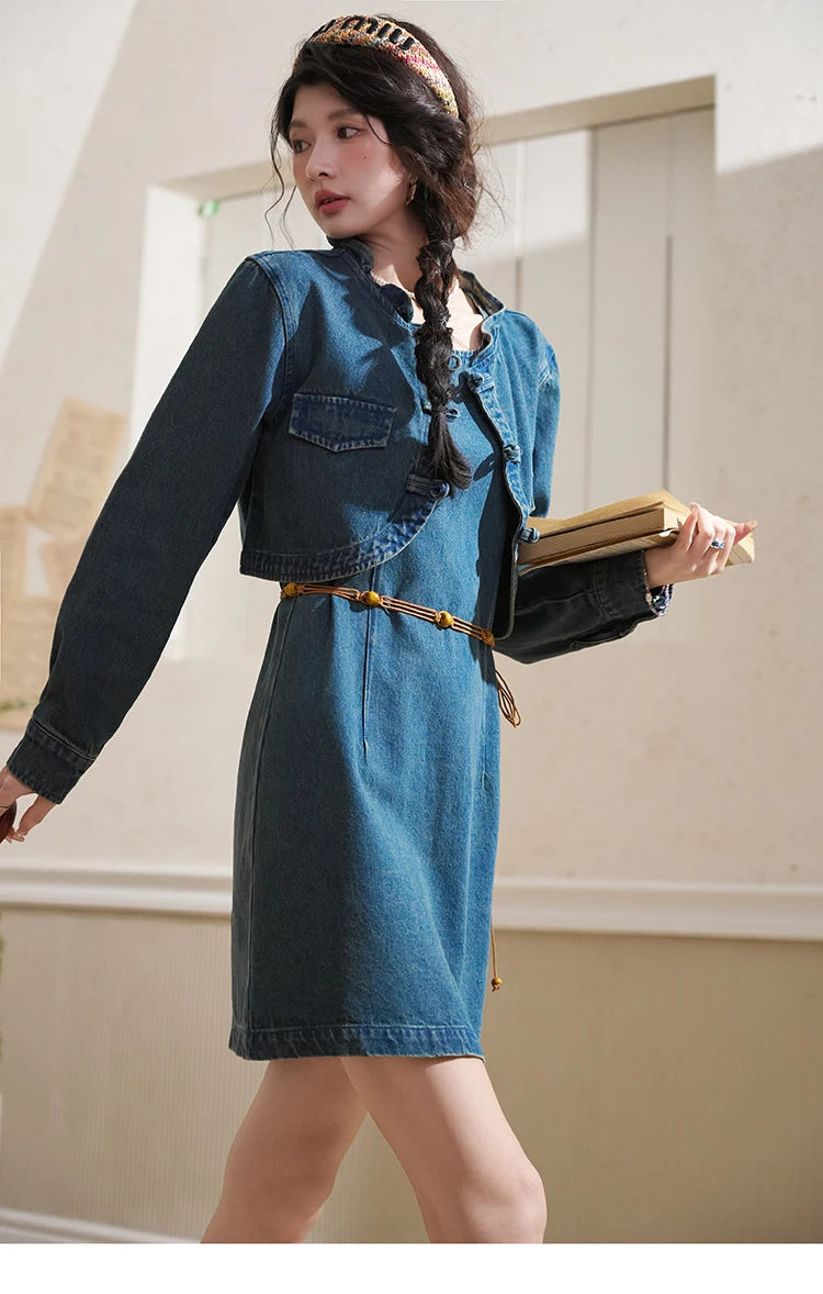 Mishow Retro Chinese Buckle Denim Vest Dress MXD14L1771