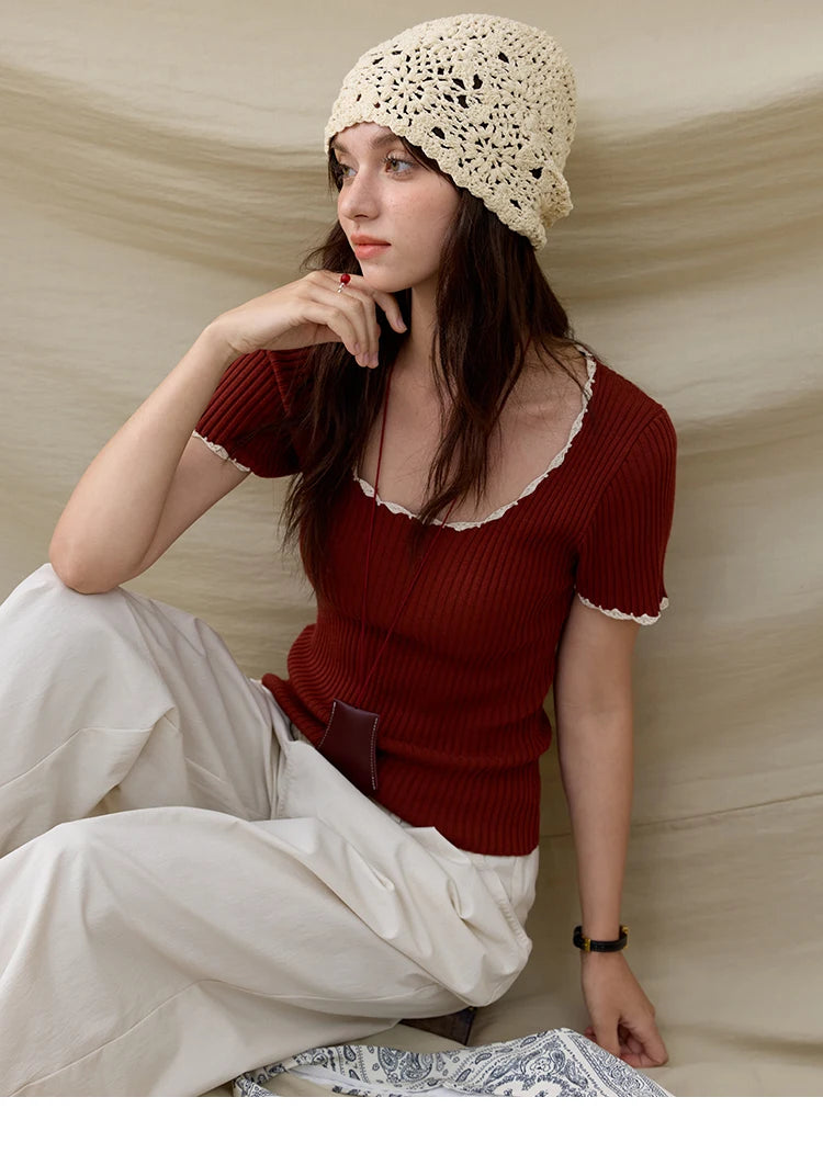 Mishow Office Lady Lace Collar Contrast Hook Top MXE33Z1218