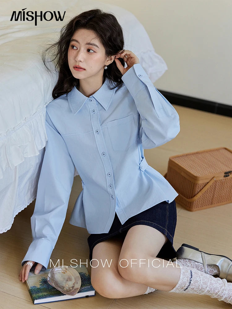 MISHOW Women's French Blue Shirt Polo Collar Waist Pocket MXE14C0753