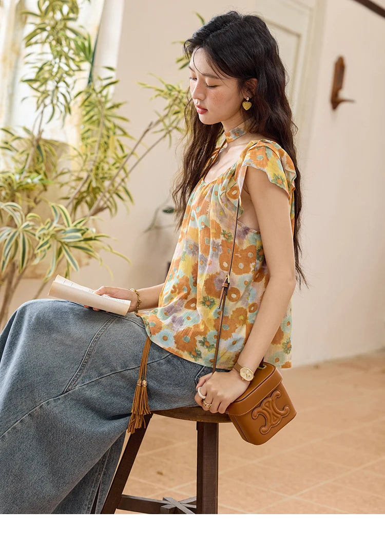 MISHOW Cotton Citrus Oil Painting Blouse Flying Sleeve MXE36X1872