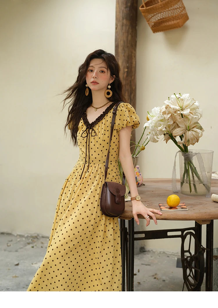 Mishow Polka Dot V-Neck Lace Up Puff Sleeve Dress MXE39L2326
