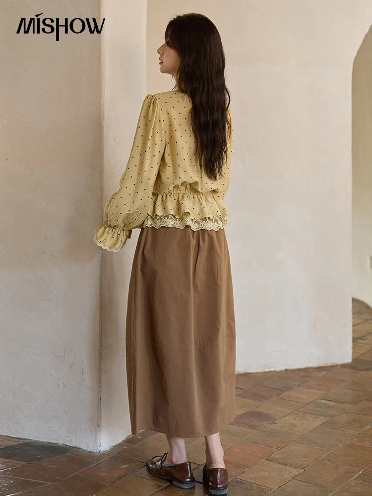 MISHOW Yellow Polka Dot Linen Blouse V-Neck Flare Sleeve MXE42X1975