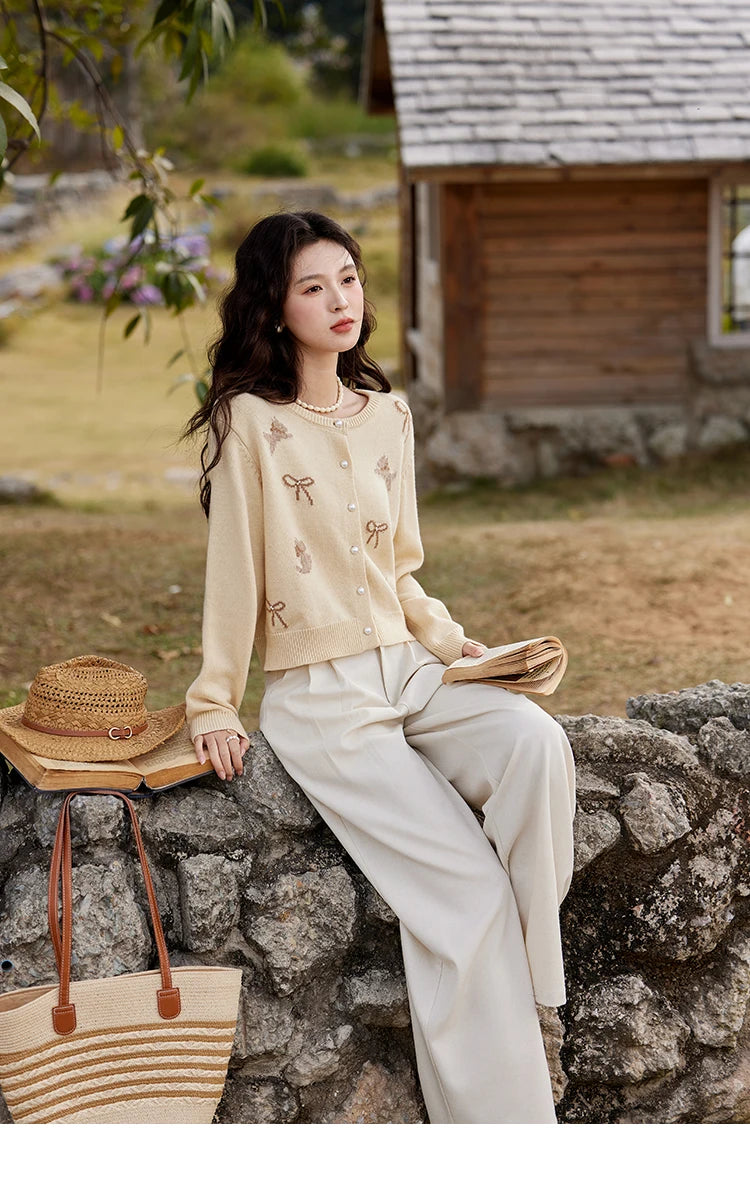 Mishow Yellow Dog Bow Jacquard Pearl Button Sweater MXE13Z1197