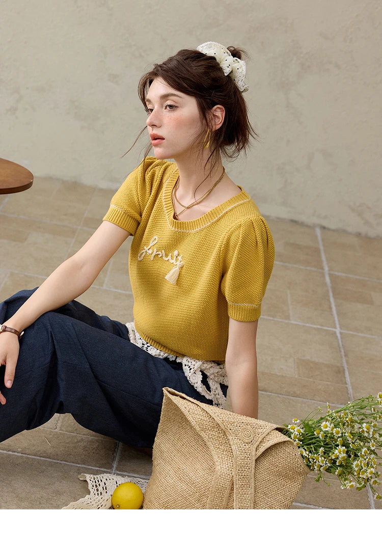 Mishow French Letter Short Sleeve Round Neck Pullover MXE33Z1219