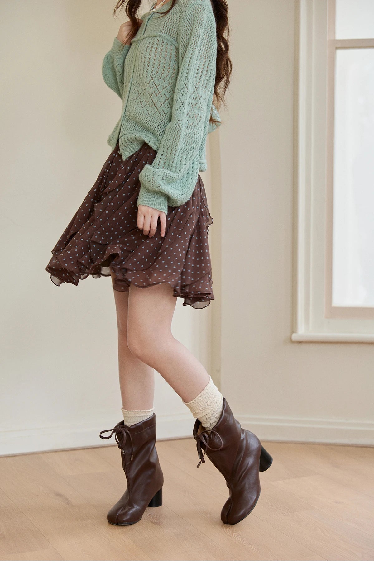 Mishow Brown Polka Dot Ruffled Chiffon Mini Skirt MXF13B2476