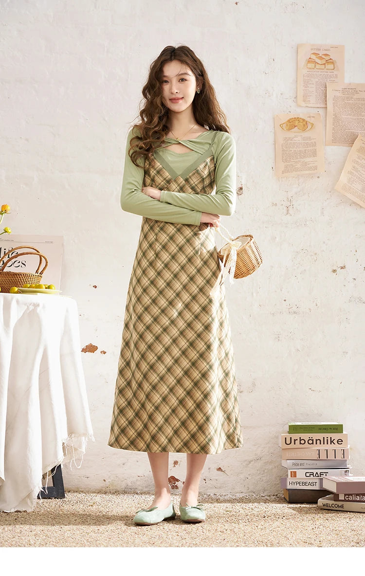 Mishow Hollow Knit Top & Plaid Suspender Dress Set MXD14L1679