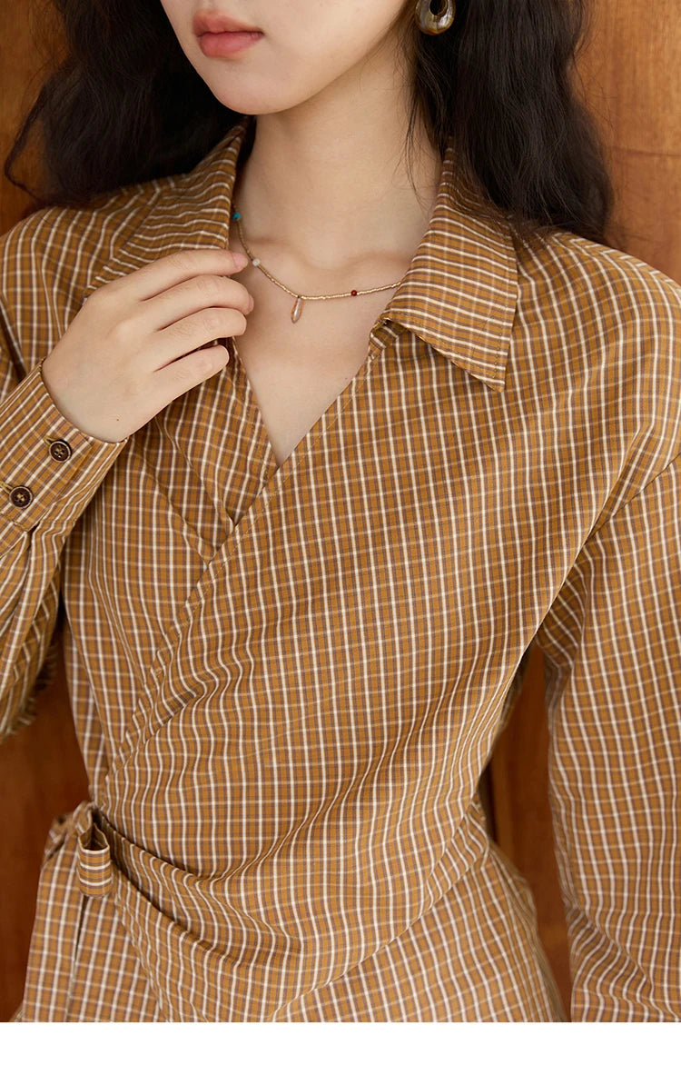 MISHOW Dark Orange Plaid Shirt Side Waist Lace-Up MXE46X2494