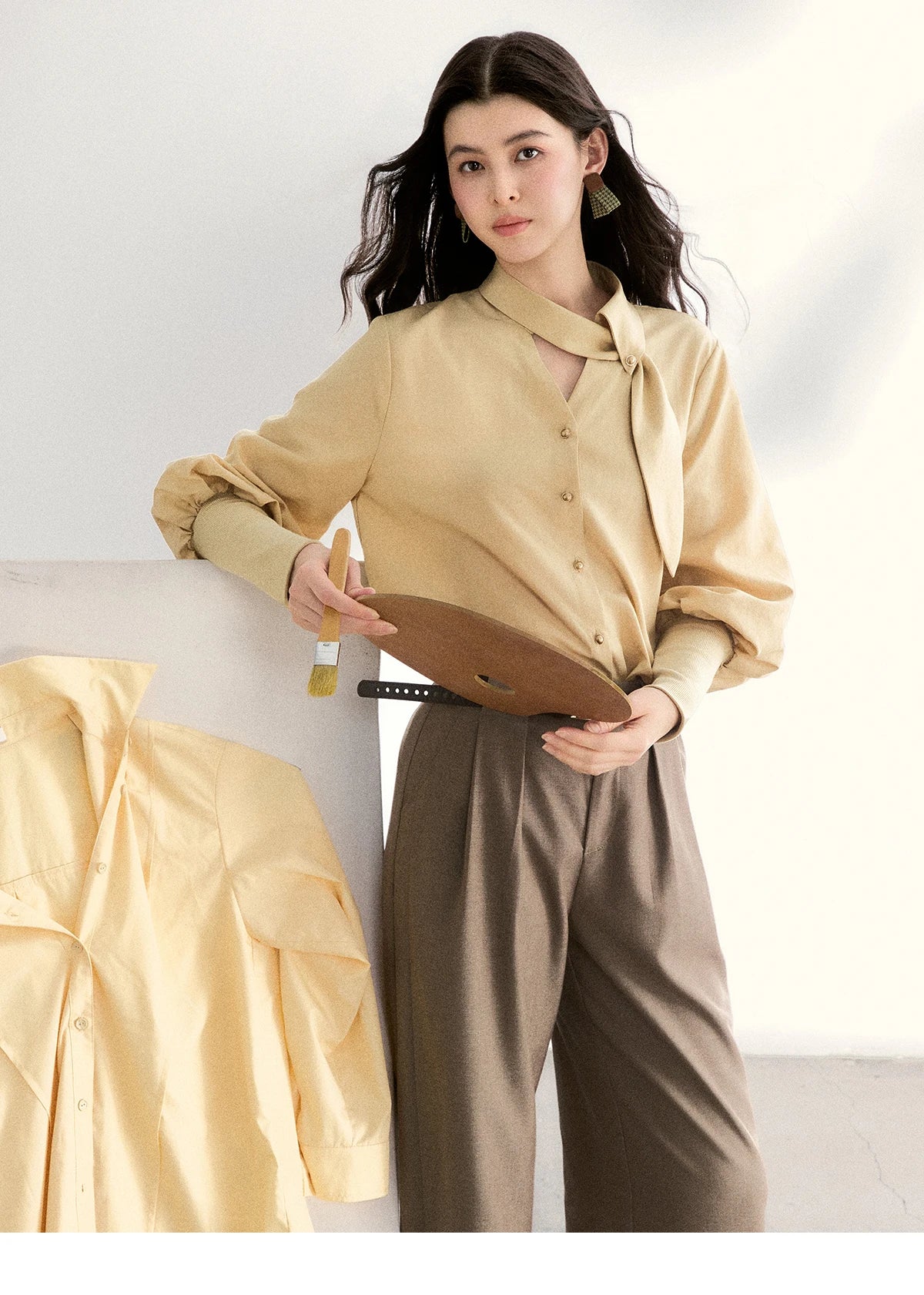 MISHOW Women's Tie Neck Shirt Hollow Out Knitted Patchwork Puff Sleeve MXF108C0812
