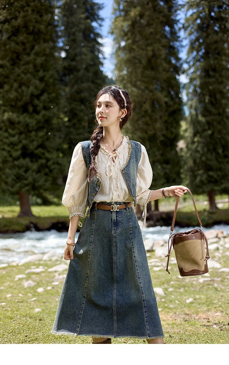 MISHOW Washed Hem Fringed Denim Midi Skirt A-Line Retro MXD41B0453