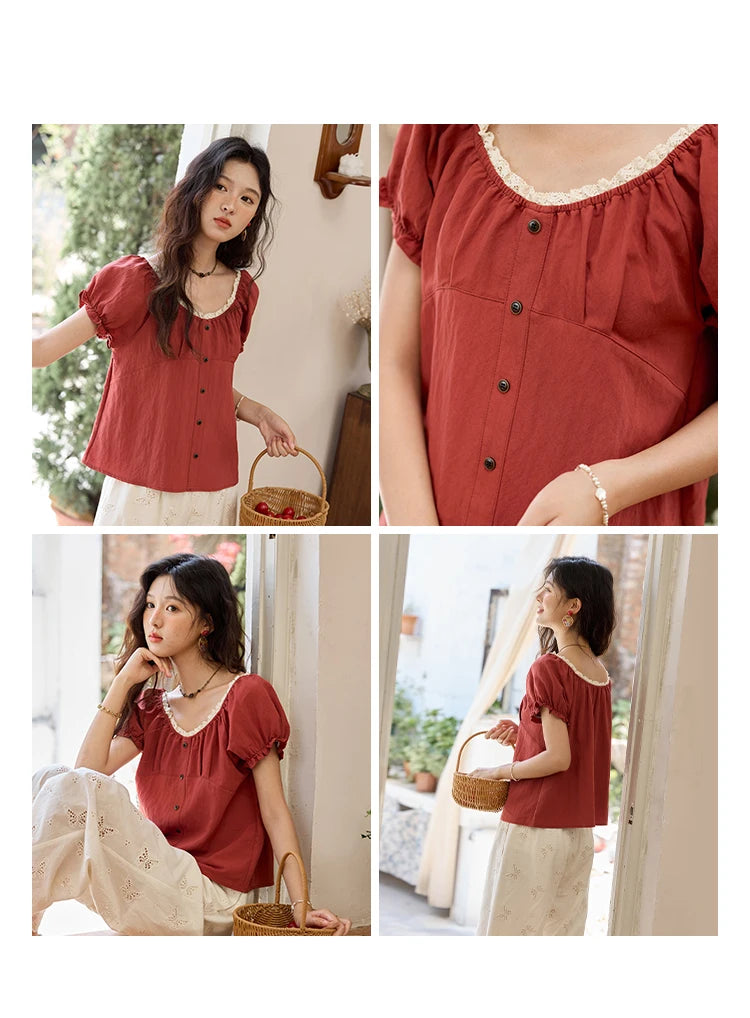 MISHOW Short Puff Sleeve Blouse Lace Collar Slimming MXE35X1827