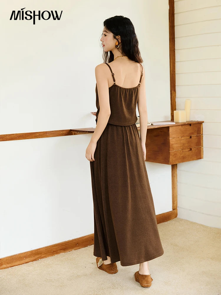 Mishow Retro Dark Brown Tank Top & Pleated A-Line Skirt Set MXE46T1378