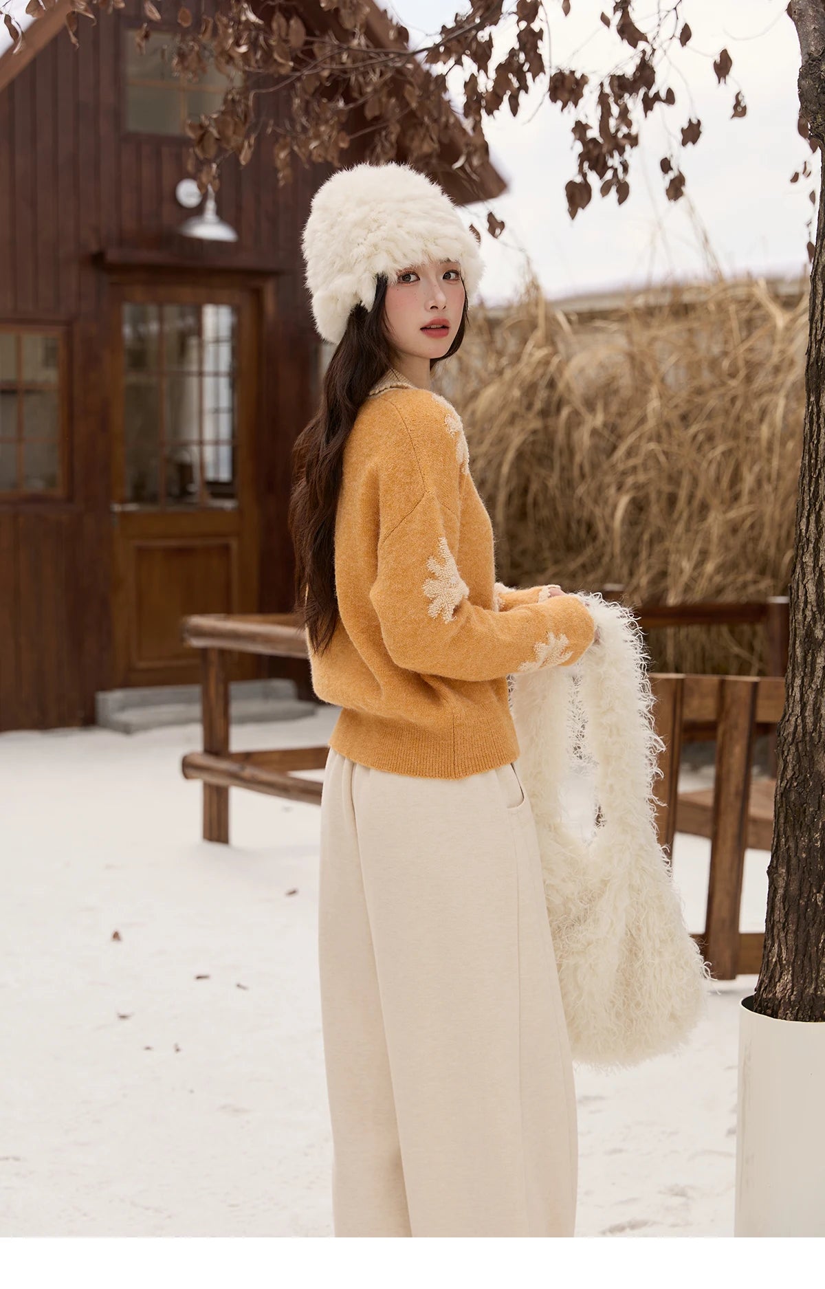 Mishow Yellow Retro Jacquard Turn-Down Collar Cardigan MXE88Z2691