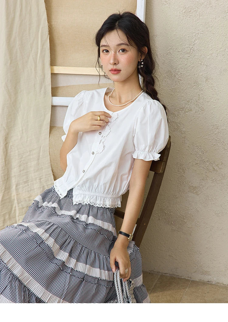 MISHOW Lace Puff Sleeve Shirt Flower Buttons Hem Elastic MXE34X1820