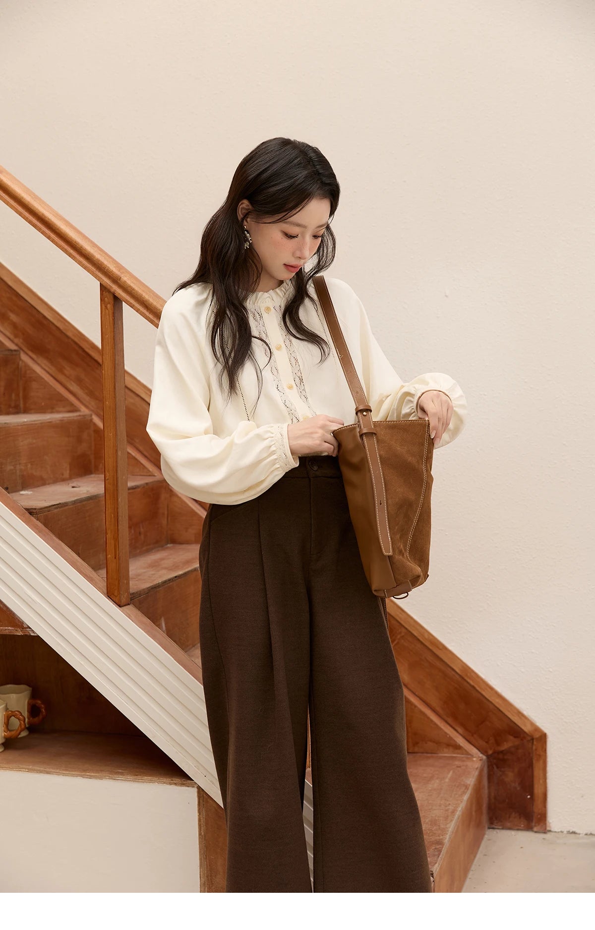 MISHOW Brown Wide-Leg Pants High Waist Drape Trousers MXE51K1094