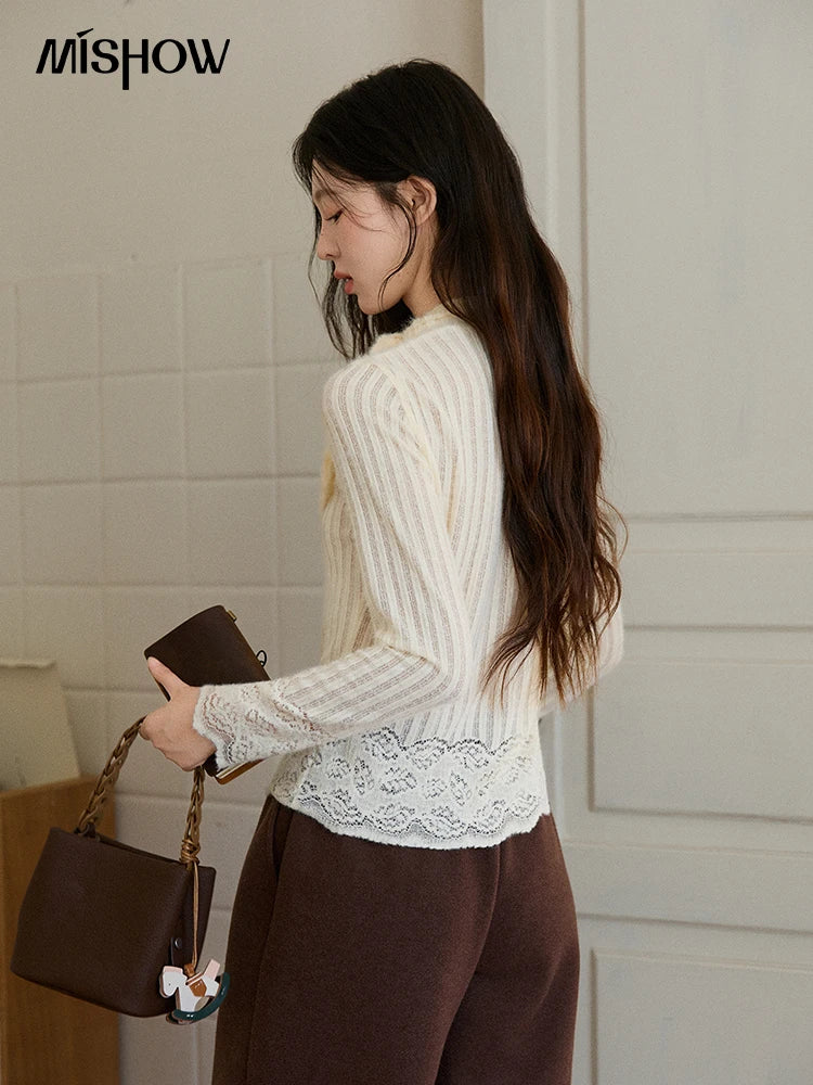 Mishow French Lace-Up Vertical Stripe Knit Top MXE92Z2797