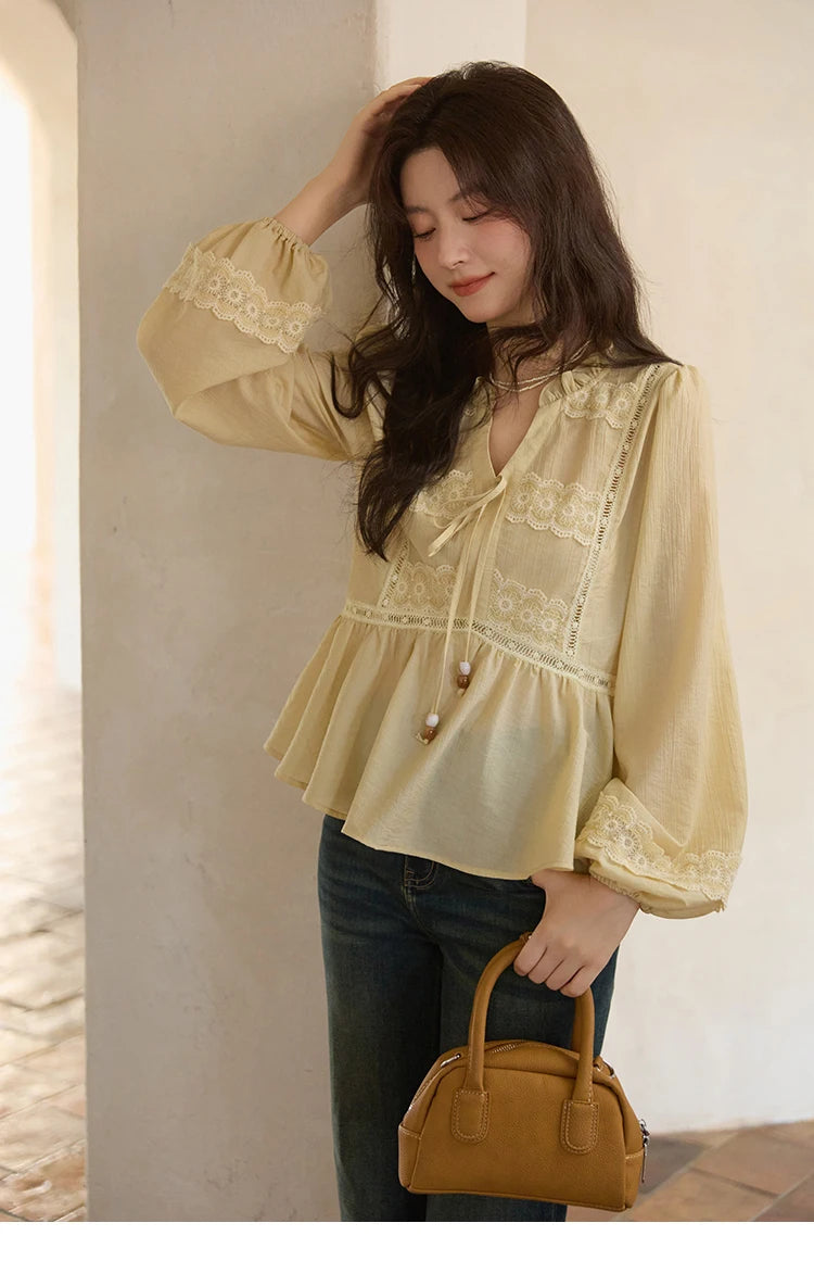 MISHOW French V-Neck Blouse Lace Patchwork Lantern Sleeve MXE41X1925
