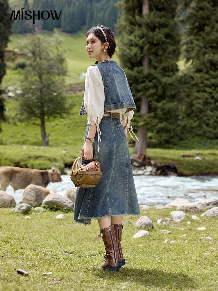 Mishow Retro Blue Denim Tassel Hem Vest MXD41W0387