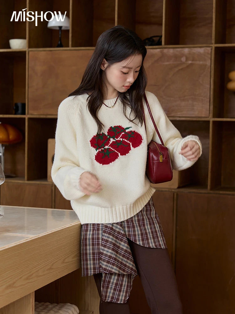 Mishow Off-White Tomato Jacquard Loose Pullover MXE51Z2692