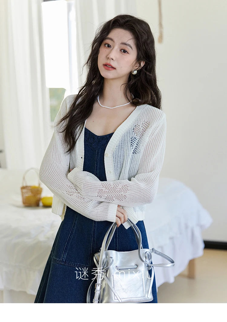 Mishow Denim Camisole Hollowed Out Lace Edge Dress MXE13L2094