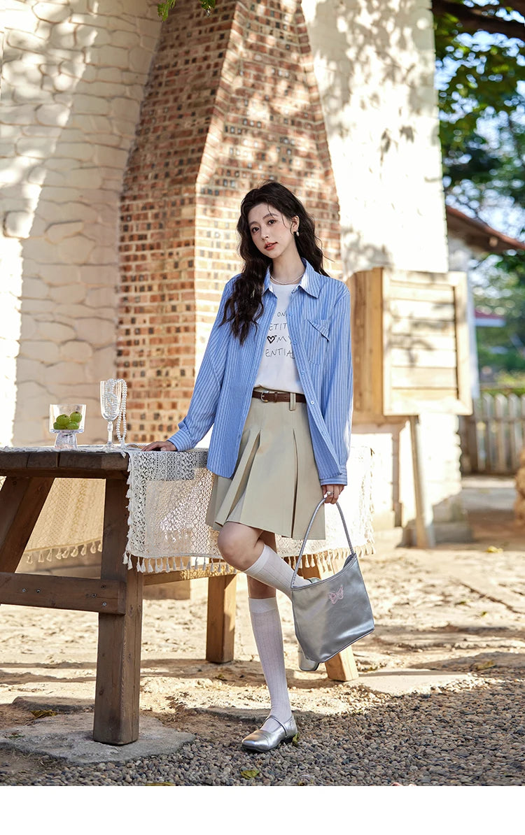 MISHOW Blue Striped Shirt Pocket Turn-Down Collar MXE11C0399
