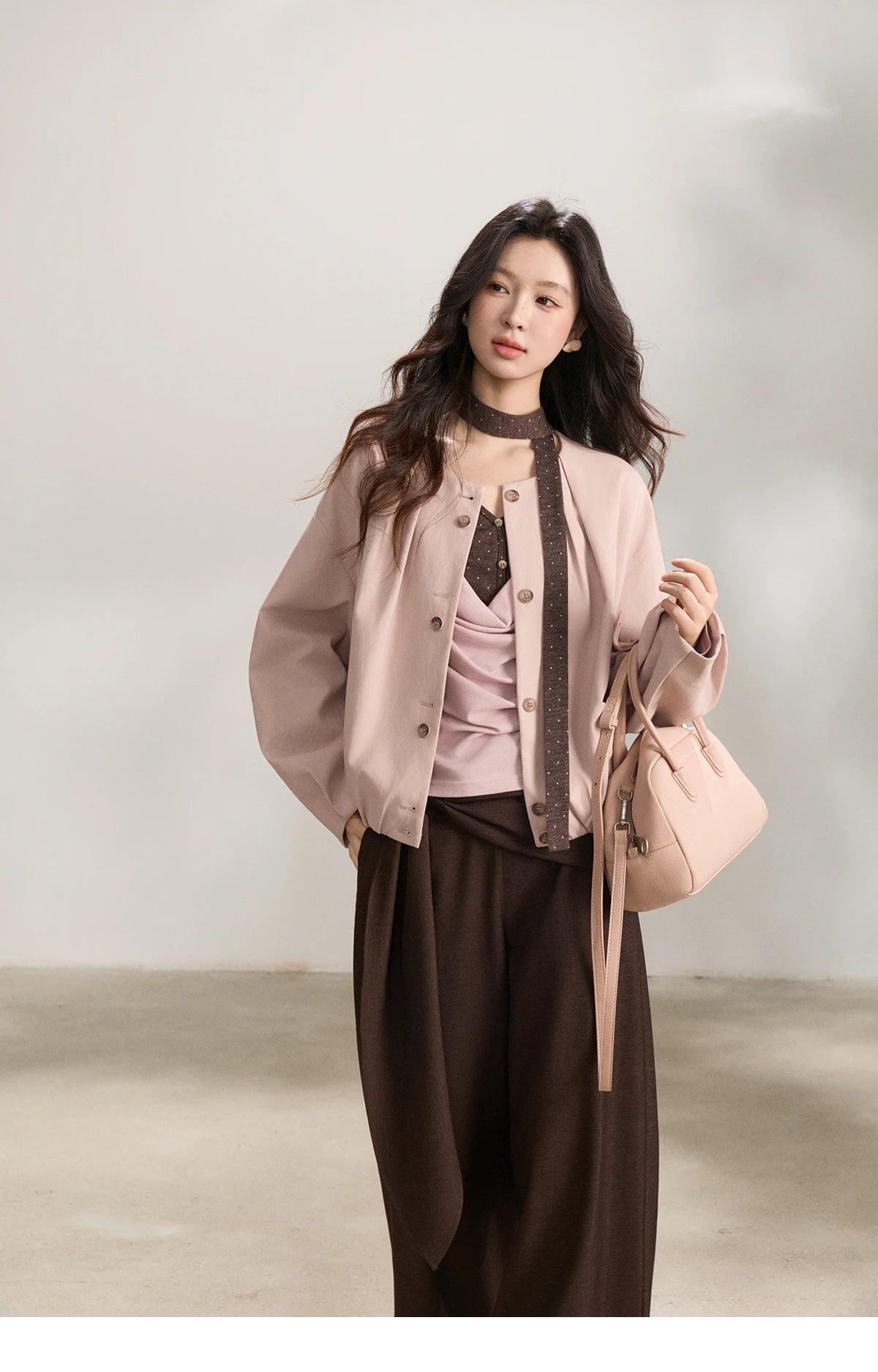 MISHOW Pink Flower Bud Leather Jacket Crew Neck Single-Breasted MXF108W1001