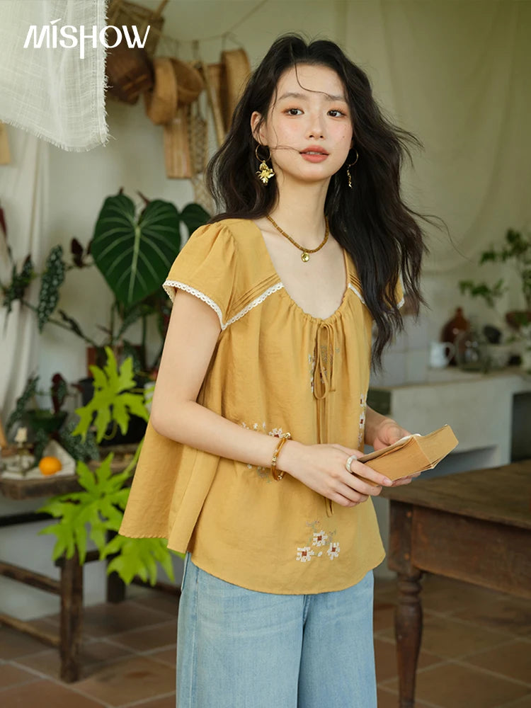 MISHOW Embroidery Flower Blouse O-Neck Lace Up Flying Sleeve MXE39X1880