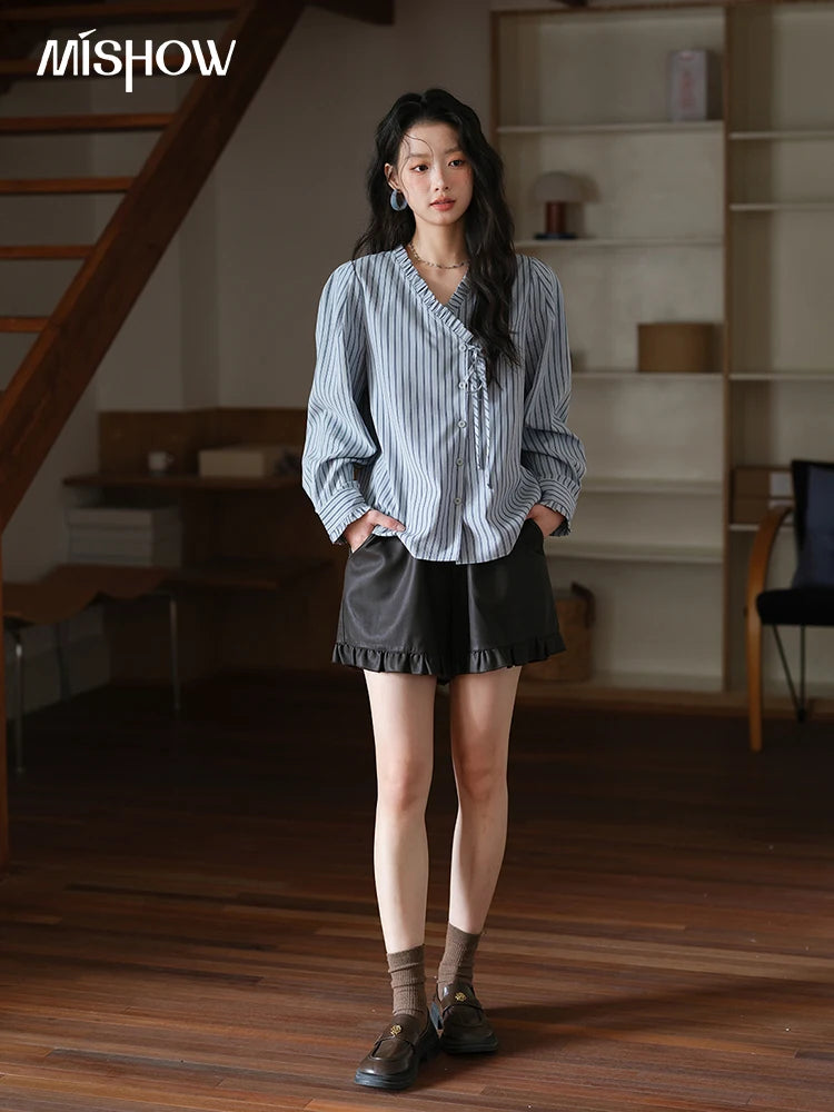 MISHOW Blue Striped Velvet Shirt V-Neck Asymmetrical Lace-Up MXE42X2472