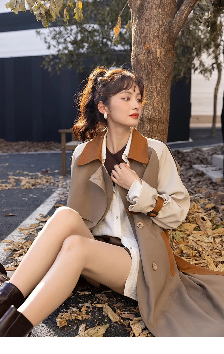Mishow Khaki Contrast Color Spliced Trench Coat MXB31W0367