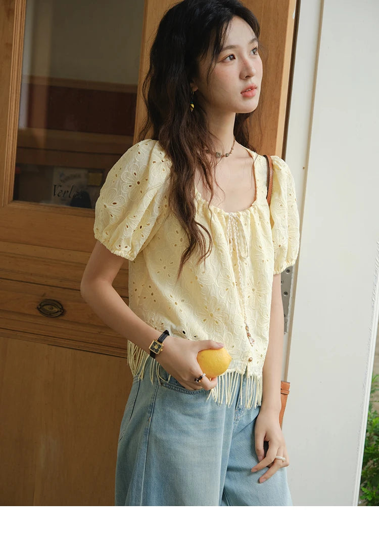 MISHOW Hollow Out Blouse Embroidery Puff Sleeve Square Collar Tassel MXE37X1851