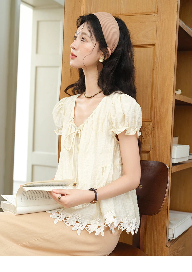 MISHOW French Round Neck Lace Up Blouse Embroidery Puff Sleeve MXE39X1956