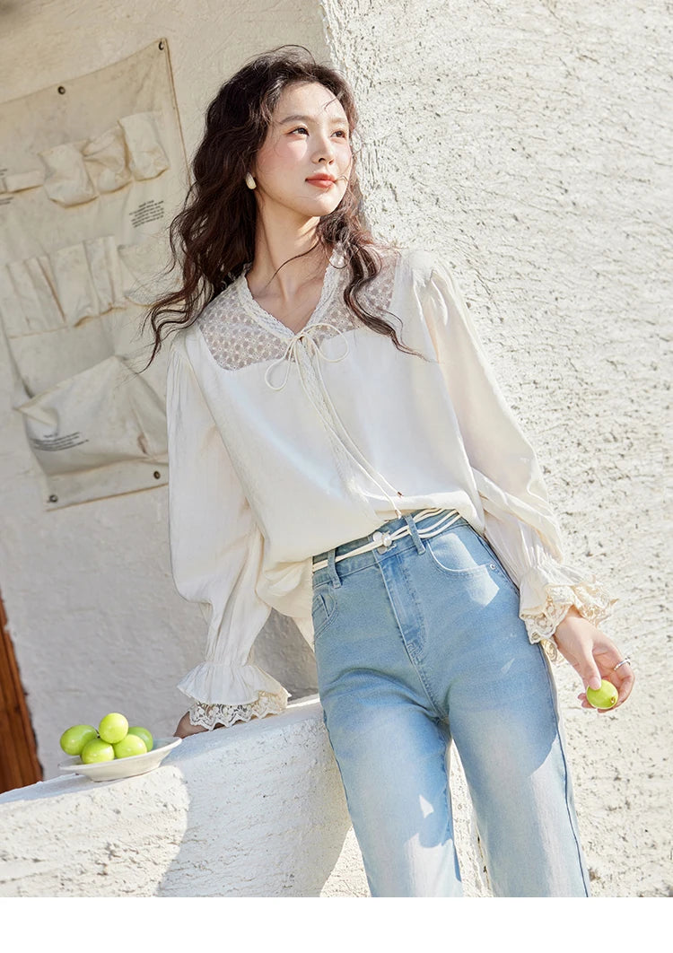 MISHOW Lace Patchwork Shirt V-Neck Fungus Edge Petal Sleeve MXE13X1713