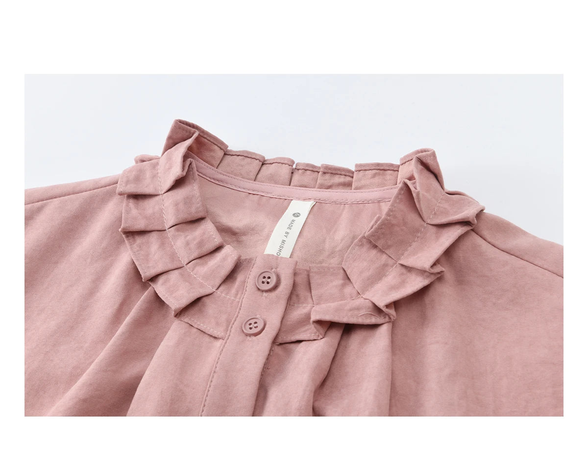 MISHOW Peach Skin Solid Shirt Ruffled Crew Neck MXF11C2431