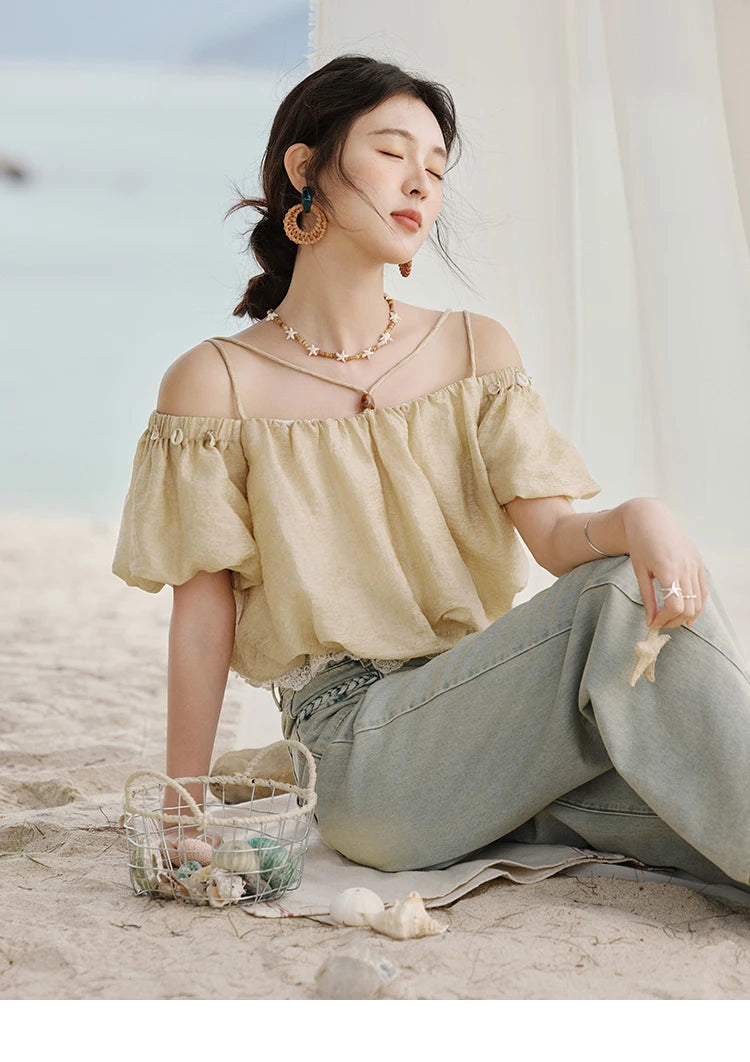 MISHOW French Camisole Shirt Off-Shoulder Lace Puff Sleeve MXE33X1755