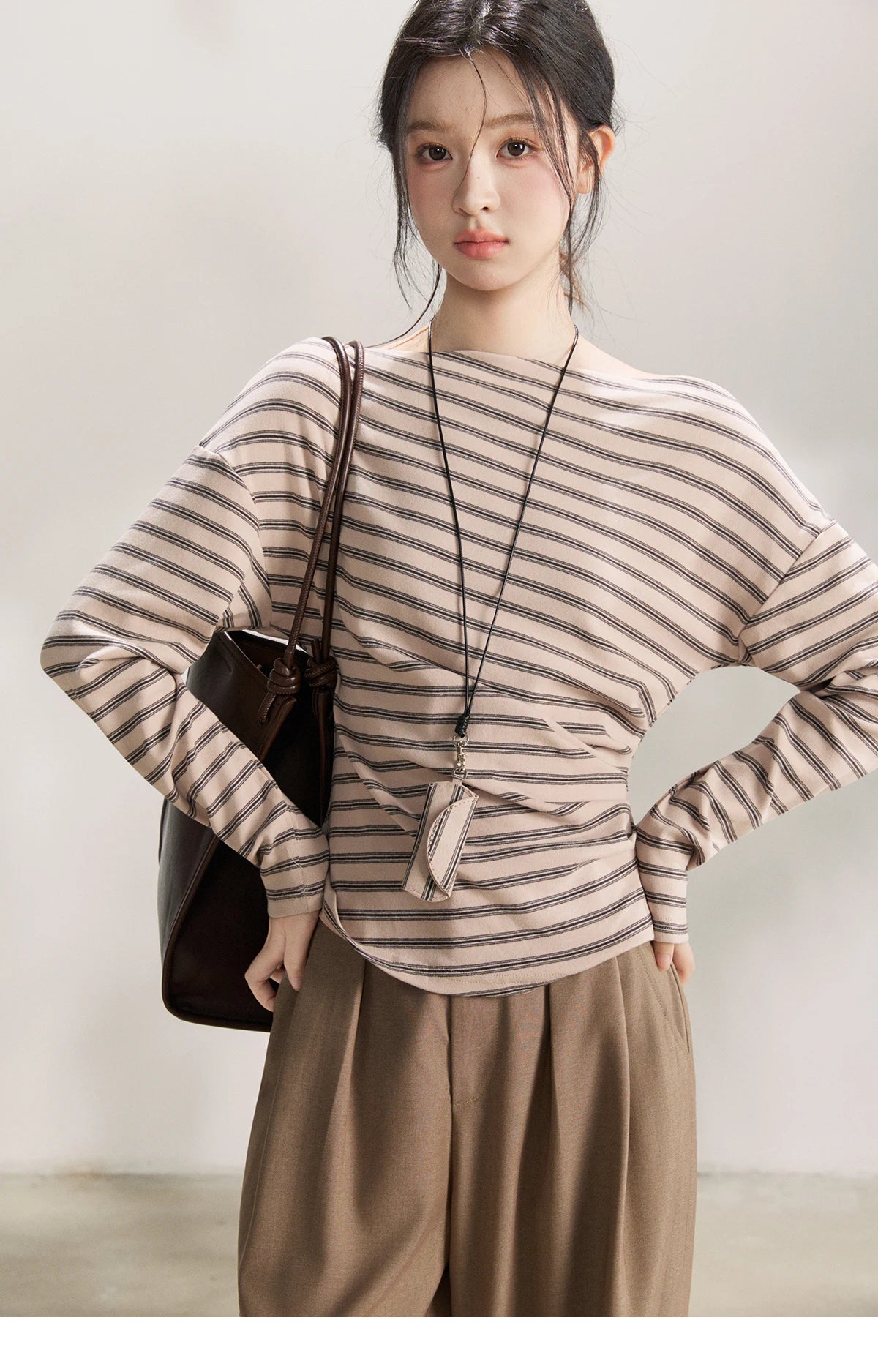 Mishow Striped Boat Neck T-Shirt with Necklace MXF13T1514