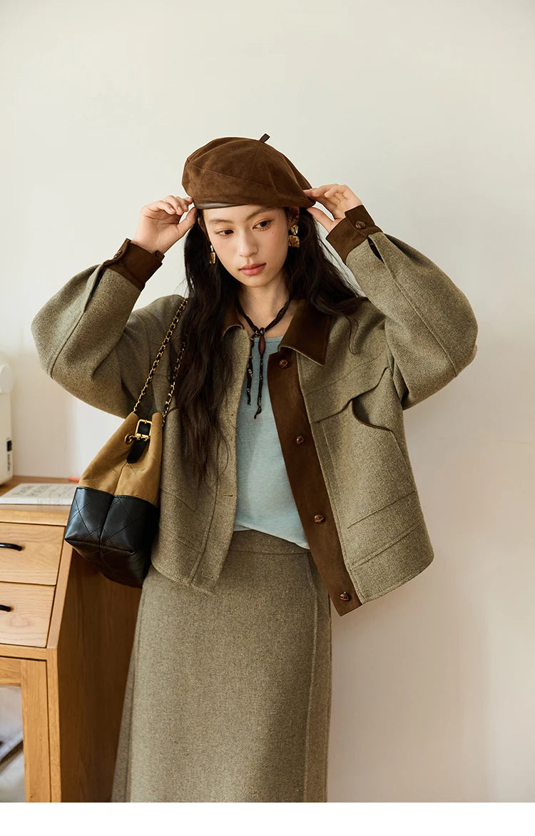 Mishow Contrast Suede Patchwork Wool Coat MXE46W0844