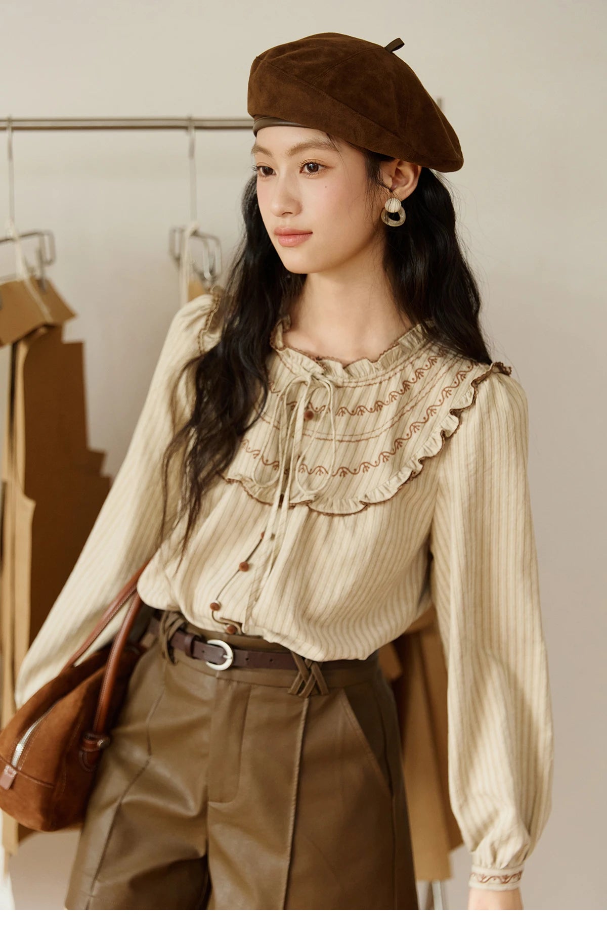 MISHOW Striped Shirt Wood Ear Edge Round Neck Embroidery MXE46X2492