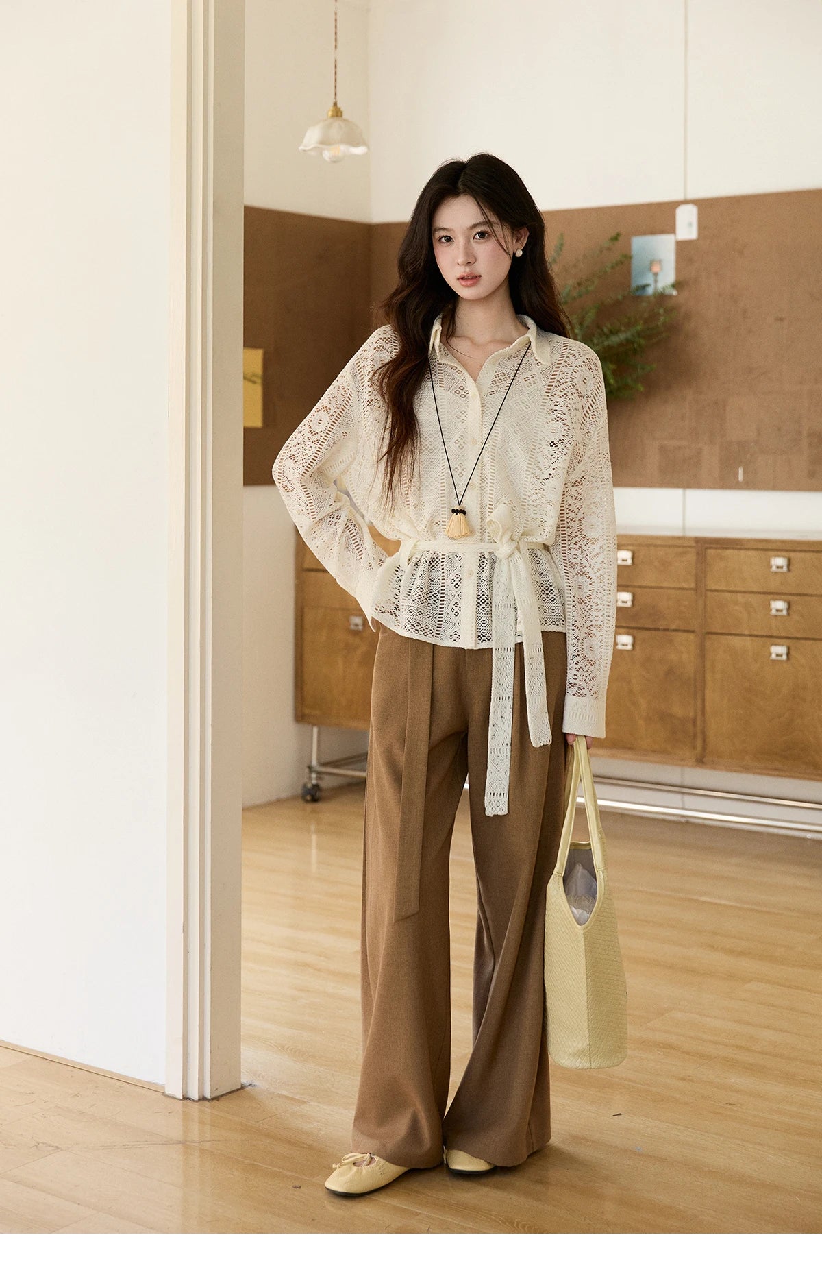 MISHOW Brown Wide Leg Pants Strap Design High Waist Elastic MXF11K1134
