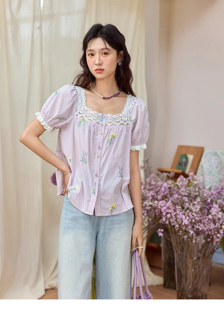 MISHOW Lace Patchwork Square Collar Blouse Puff Sleeve MXE36X1830