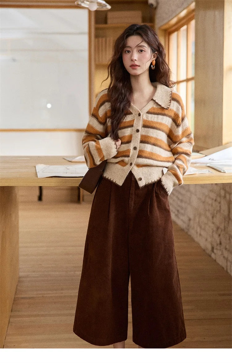 Mishow Retro Striped V-Neck Wool Cardigan MXE87Z2681
