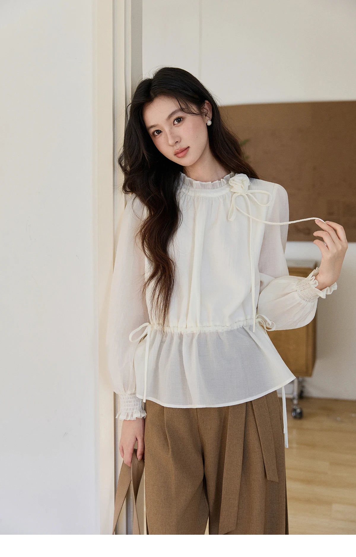 MISHOW Ruffled Stand Collar Blouse Drawstring Waist Puff Sleeve MXF11C2428