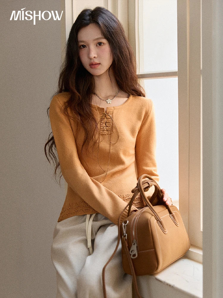Mishow Beige Contrast French Hem Crochet Sweater MXE89Z2634