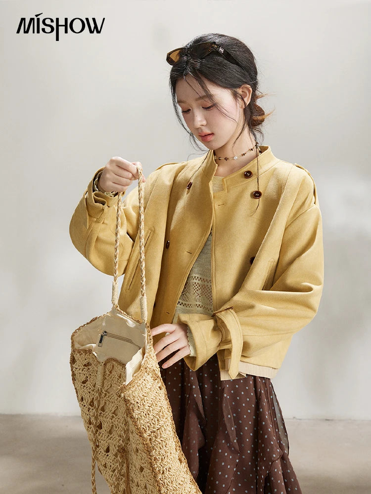 Mishow Yellow Double-Breasted Stand Collar Trench MXF11W1026