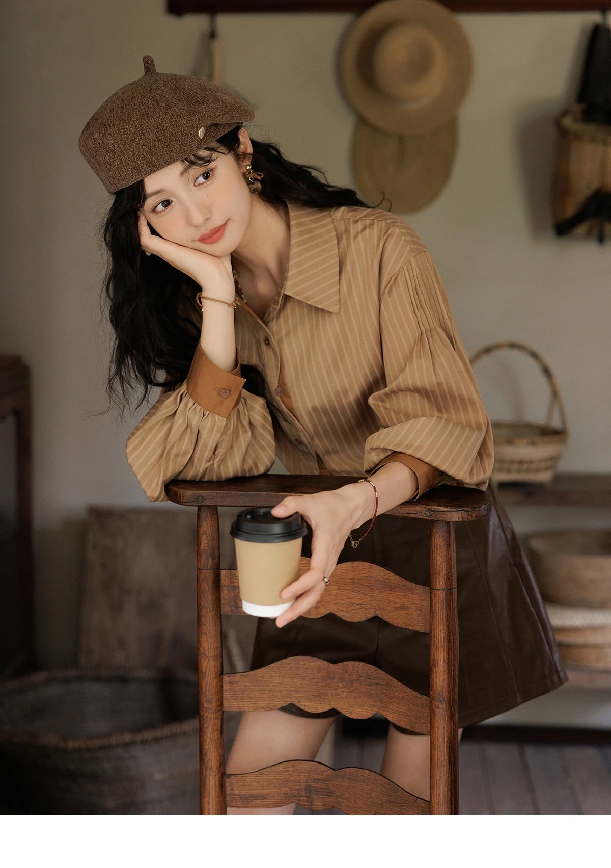 MISHOW Women's Striped Casual Shirt Retro Lapel Contrasting Cuffs MXD42C0301