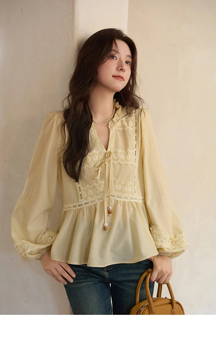 MISHOW French V-Neck Blouse Lace Patchwork Lantern Sleeve MXE41X1925