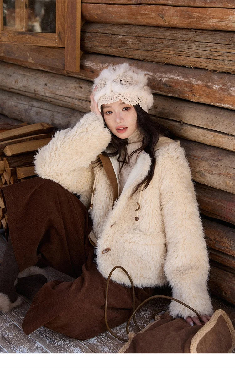 MISHOW Beige Knitted Hooded Plush Coat Warm Windproof MXE86W0908